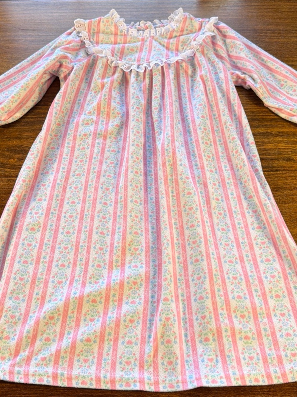 Girls Pink Floral Stripe Nightgown with Lace Ruffle